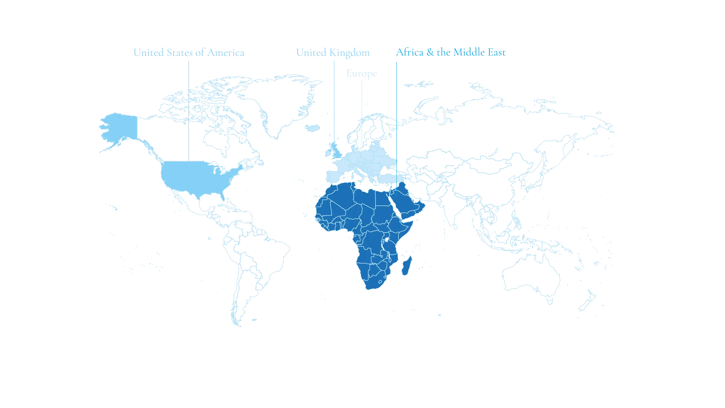 World map highlighting the continents and countries in shades of blue, with labels of continents and some regions.