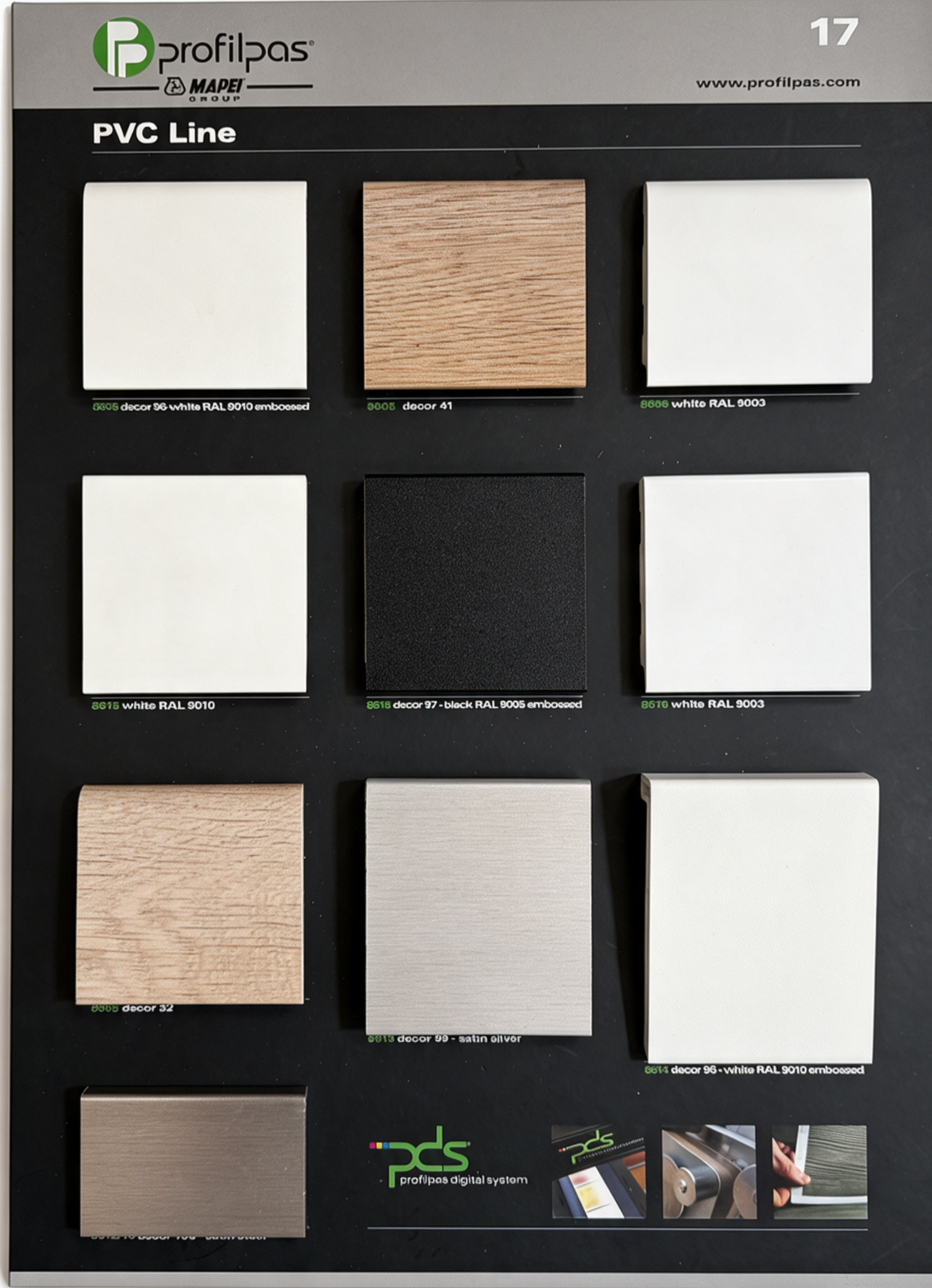 Nuancier de profilés PVC Profilpas présentant plusieurs finitions blanches, bois, noires et argentées embossées.