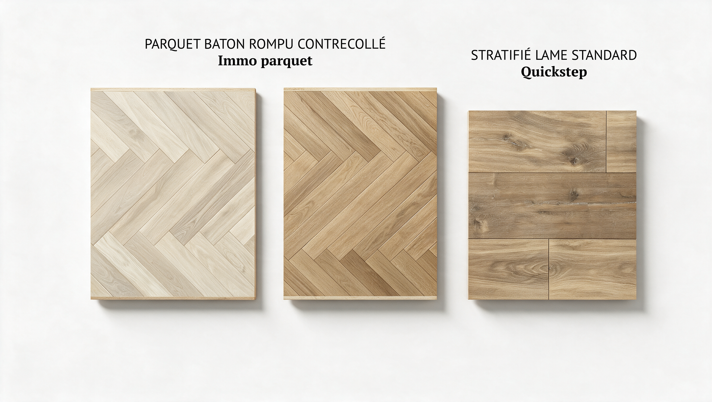 Comparatif de trois échantillons de parquet en bois : parquet bâton rompu contrecollé Immo parquet et parquet stratifié lame standard Quickstep.