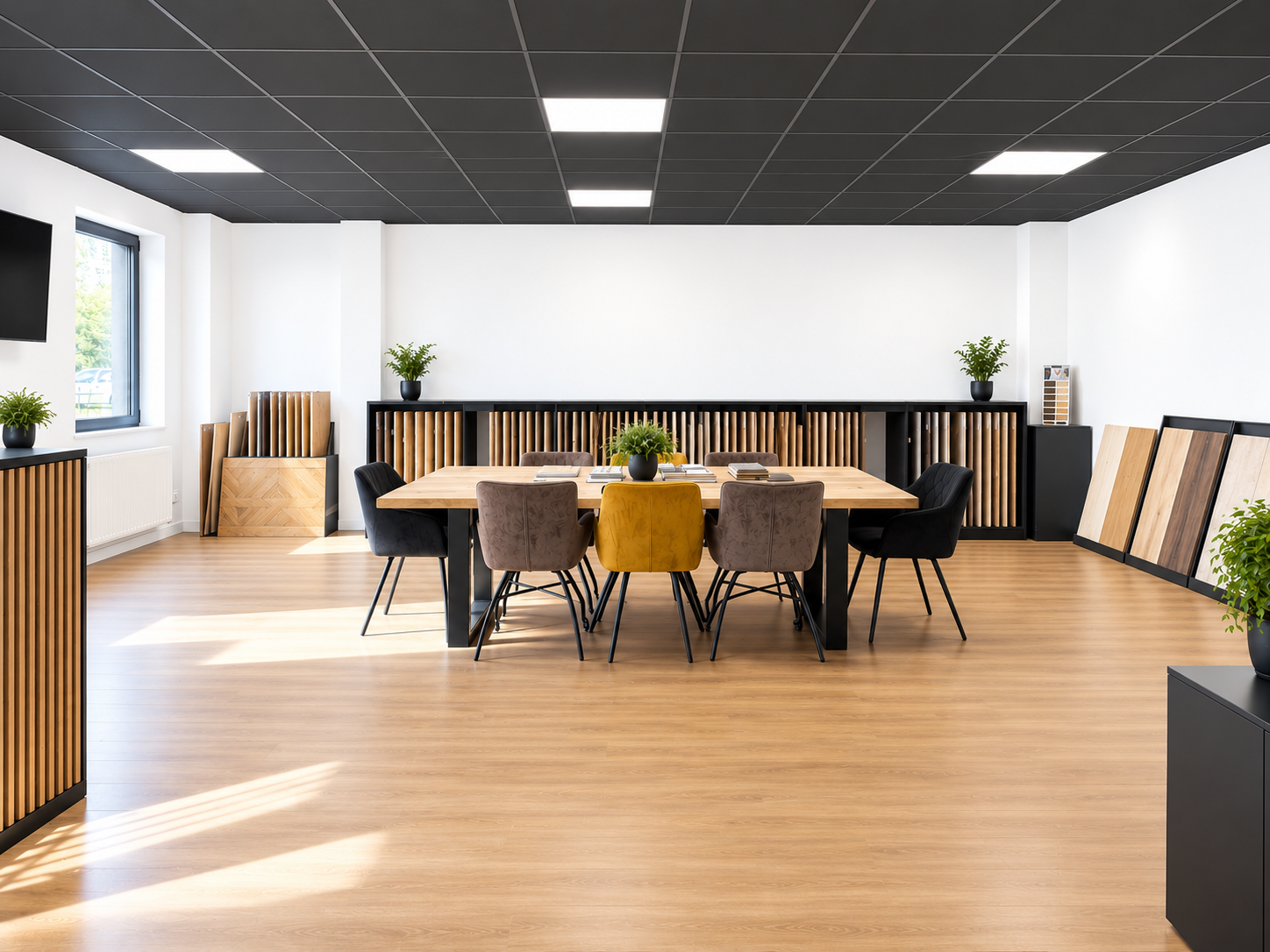Salle d’exposition de mobilier avec une grande table en bois, des chaises colorées, des échantillons de revêtement et des plantes.