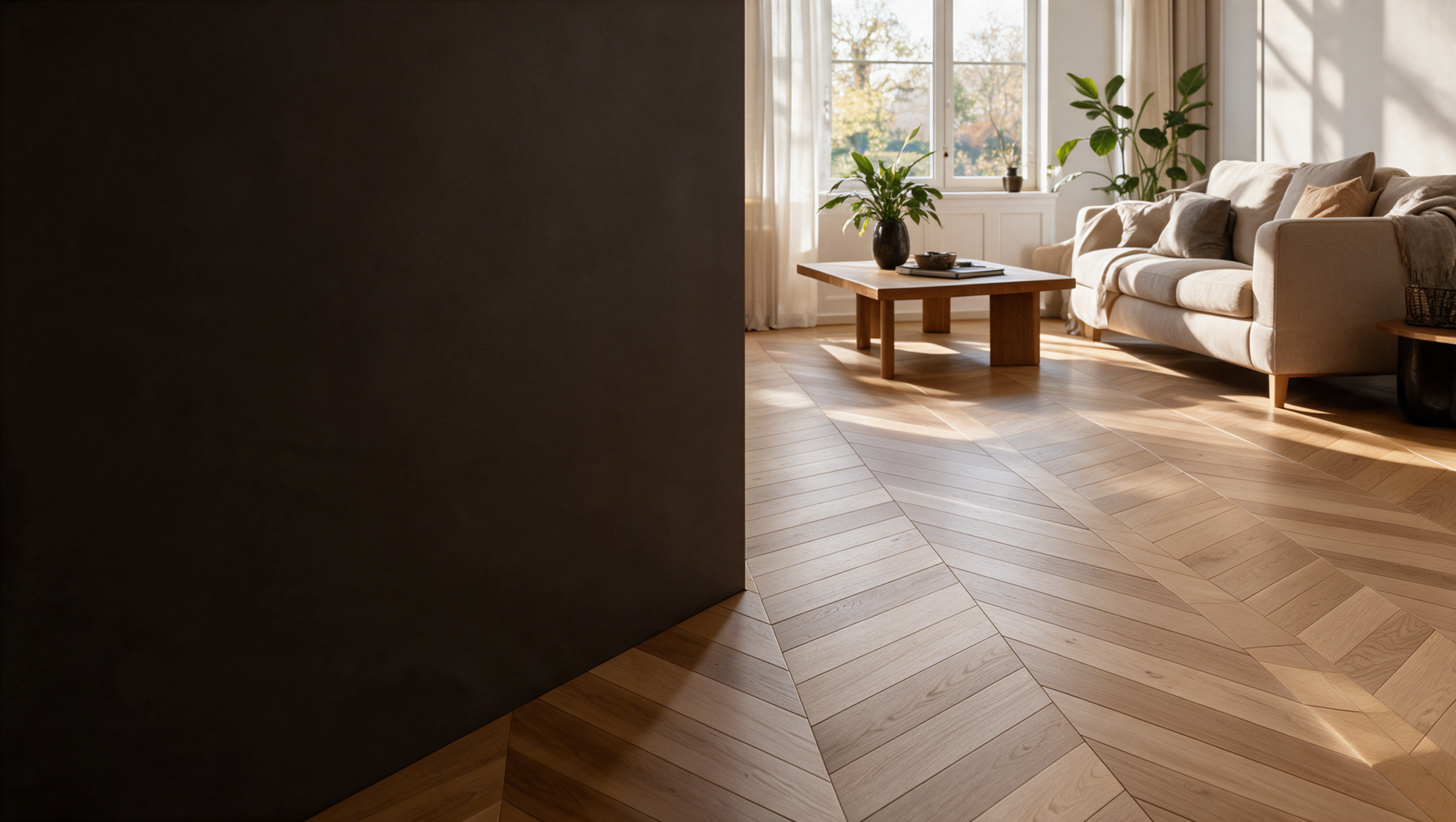 Salon lumineux avec canapé beige, table basse en bois, plantes vertes et parquet à chevrons.