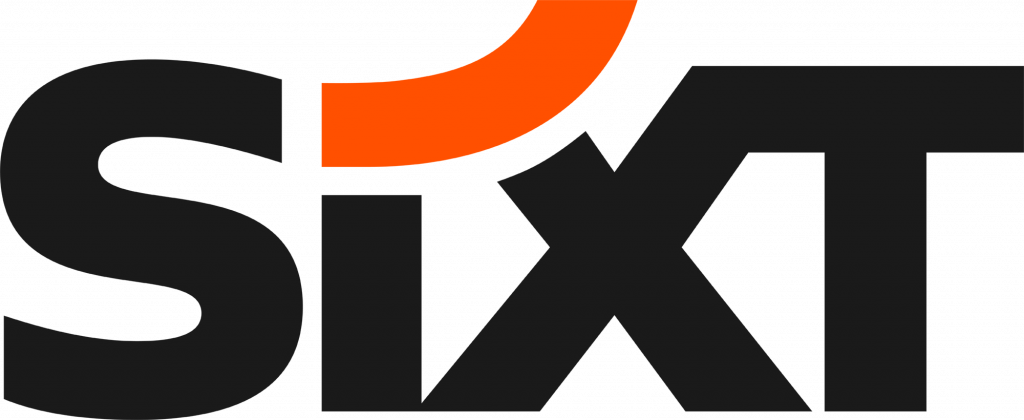 Logo mit dem Text "SIXT" in schwarzen Buchstaben und einer orangefarbenen Kurve über dem "I".