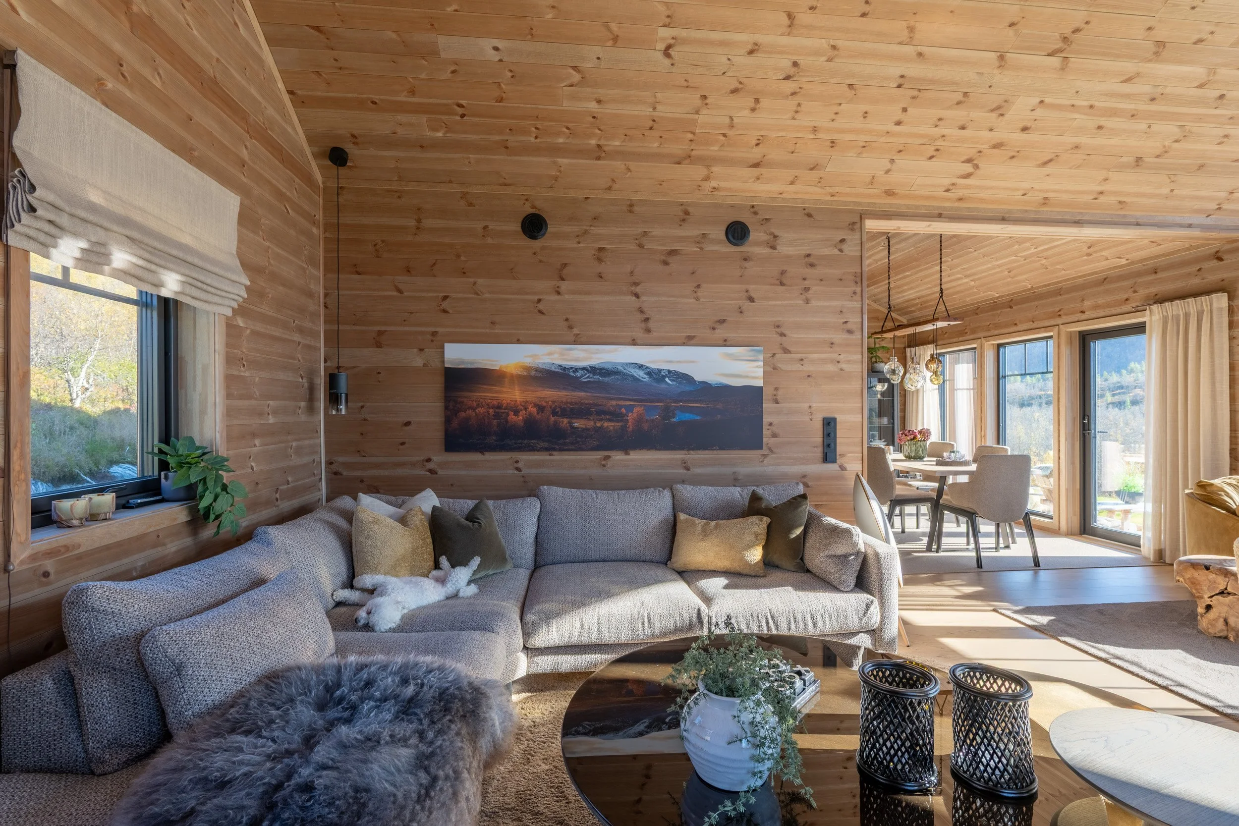 Stue med tregulv og panelgips på vegger og tak, stor grå sofa med puter og en fluffy hund, vindu med utsikt over naturen, spisestue med hvite stoler og tregulv, utsikt mot grønne fjell og solnedgang.
