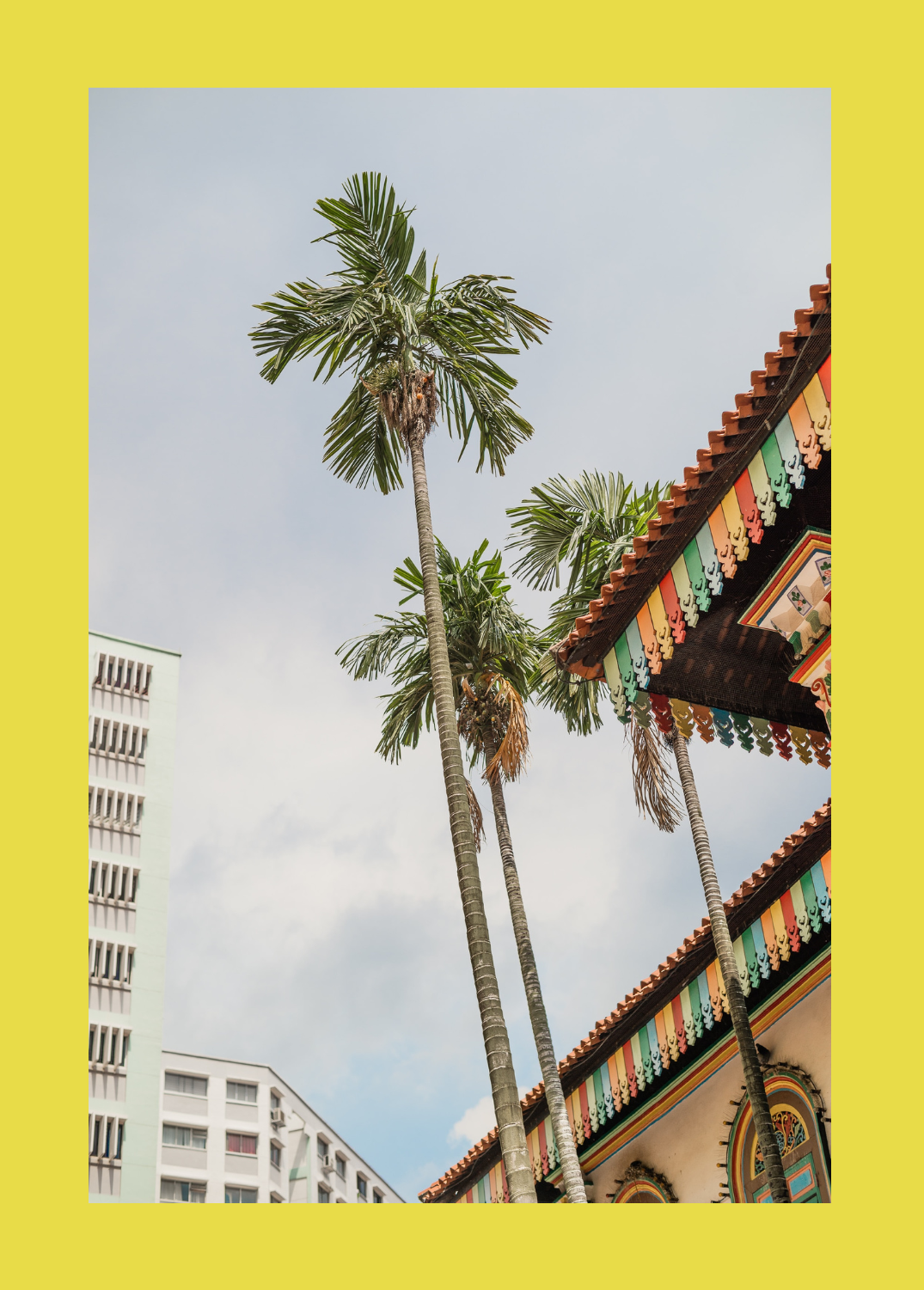 Tall palm trees next to a colorful building with a decorative roof, under a cloudy sky.