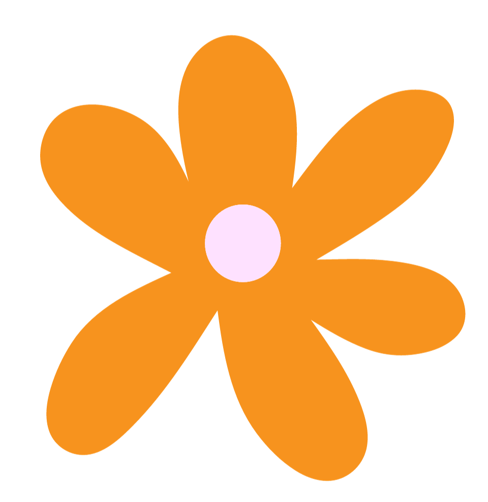 Simple illustration of an orange flower with six petals and a light purple center on a black background.