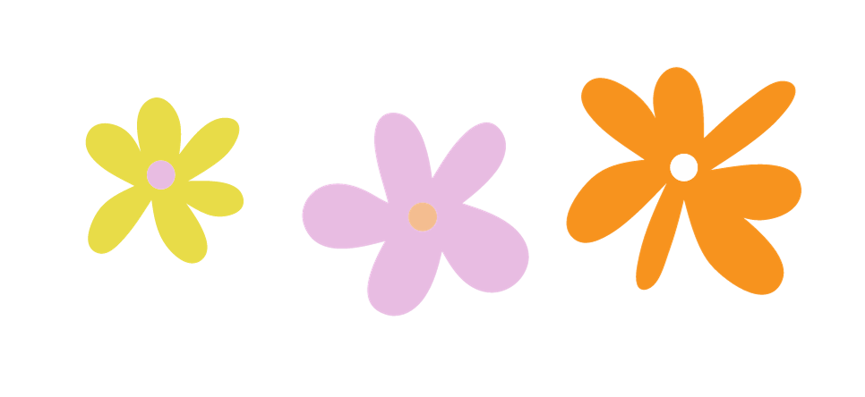 Three colorful cartoon flowers in yellow, purple, and orange with black background.
