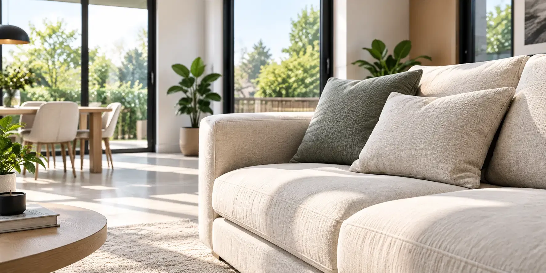 Salon lumineux avec canapé beige, coussins gris et beige, grande baie vitrée avec vue sur jardin, plantes vertes, table basse en bois dans une maison moderne.