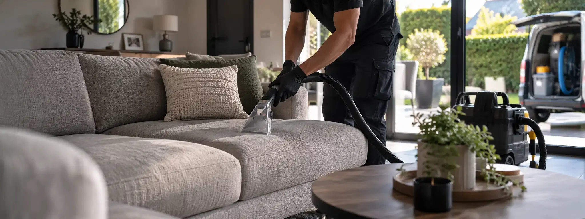 Un homme nettoie un canapé en utilisant un nettoyeur à vapeur à l'intérieur d'une maison.