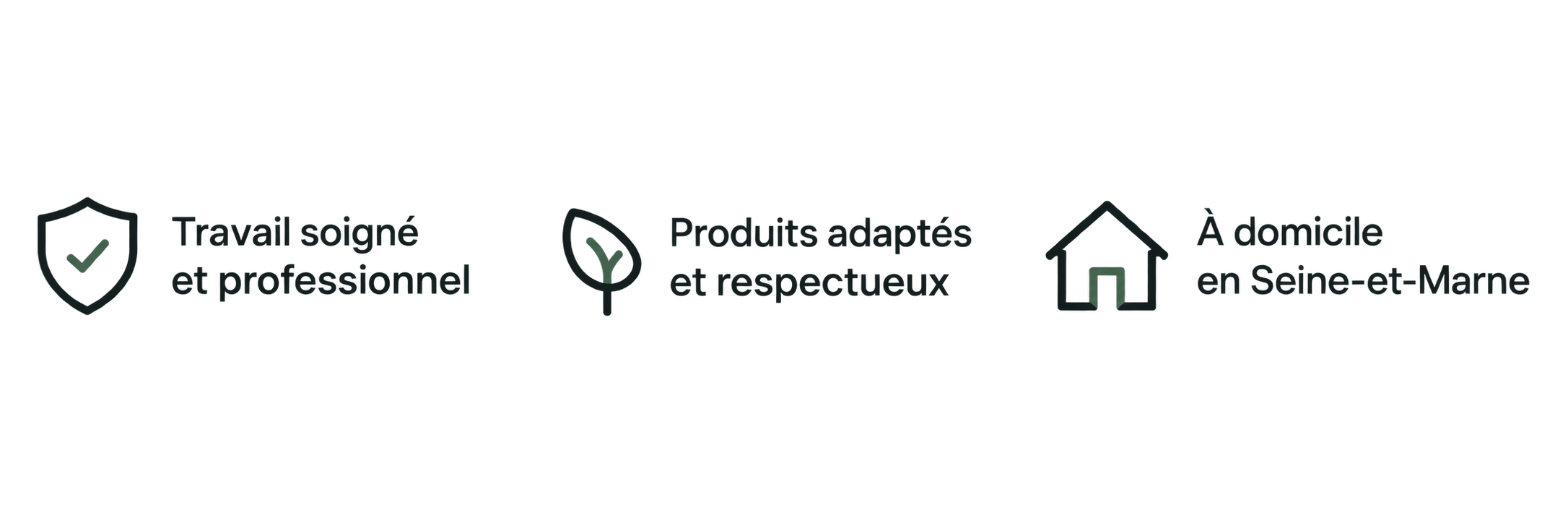 Icônes et textes décrivant le travail soigné, des produits respectueux, et des interventions à domicile en Seine-et-Marne