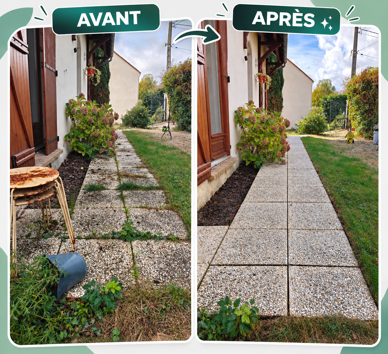 Avant et après rénovation d'une allée pavée devant une maison avec des plantes et un jardin