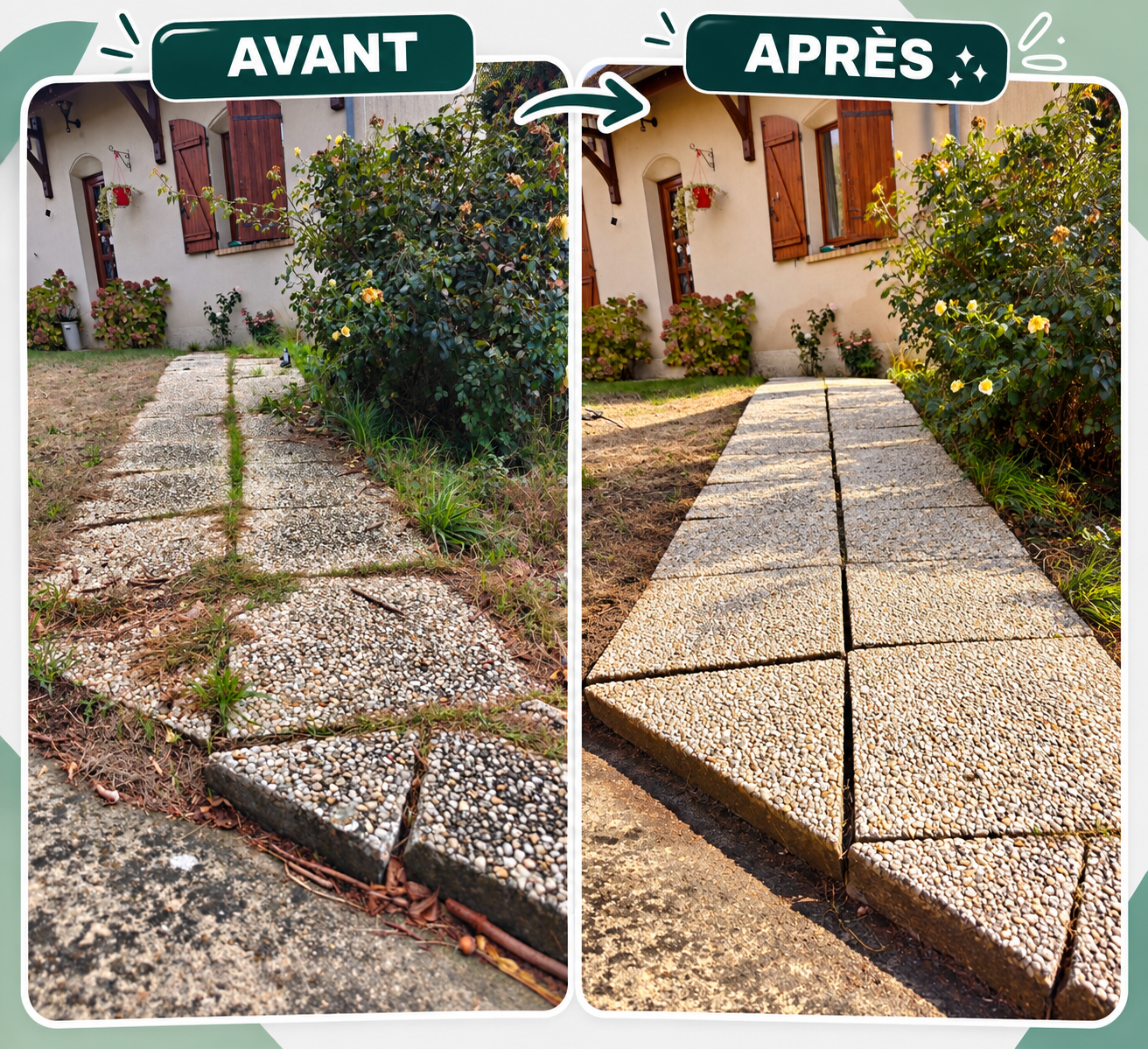 Avant et après rénovation d'un trottoir en pavés. Le trottoir avant est usé, sale et envahi par des herbes, tandis qu'après la rénovation, il est propre, bien nivelé et sans herbes, avec une surface plus lisse.