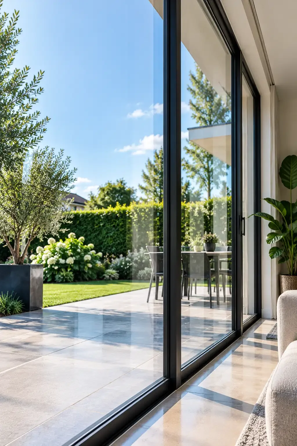 Vue d'intérieur d'une pièce avec un sol en carrelage clair, un canapé beige et une grande baie vitrée donnant sur un jardin. Le jardin comprend des arbres, des buissons et une table avec des chaises. Le ciel est bleu avec quelques nuages.