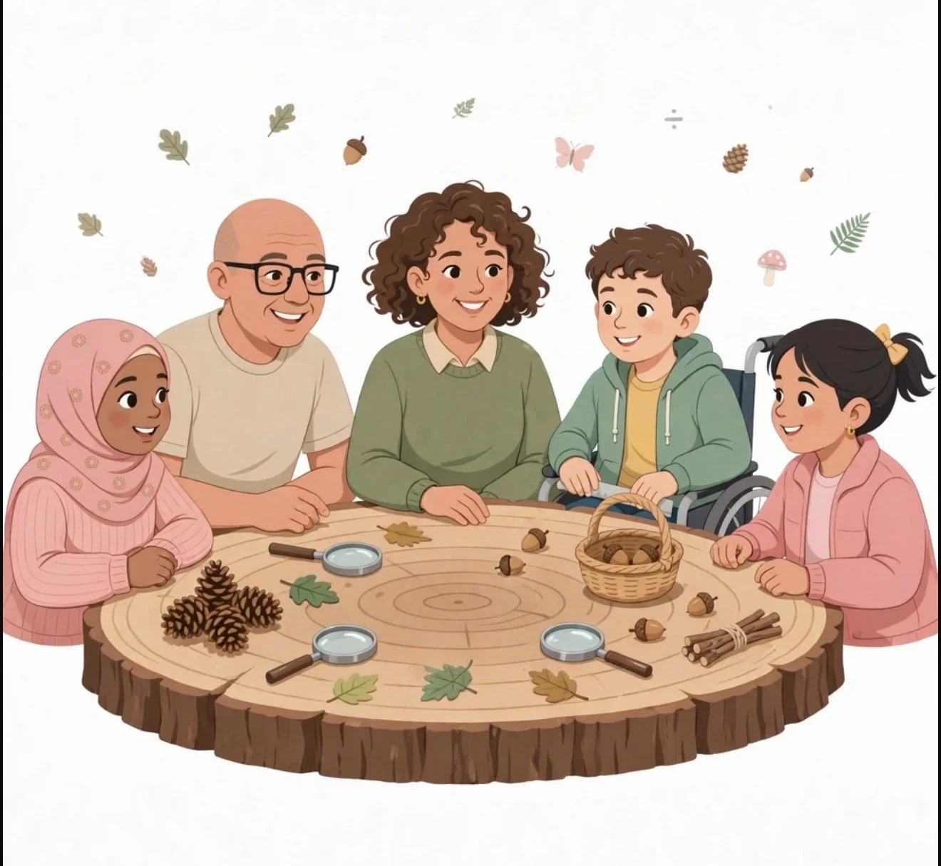 A diverse group of five people, including a girl in a hijab, a man wearing glasses, a woman with curly hair, a boy in a wheelchair, and a girl with a ponytail, are sitting around a large tree stump table outdoors. The table is decorated with pinecones, leaves, acorns, magnifying glasses, and cinnamon sticks.