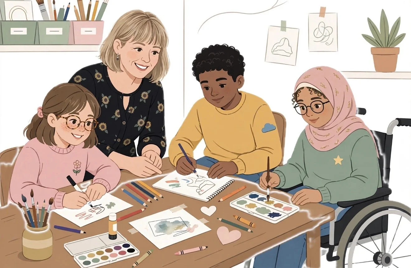 Illustration of a diverse group of four people, including a woman with blonde hair and two children, one in a wheelchair, engaging in arts and crafts together at a table with paintbrushes, paints, and drawing supplies.