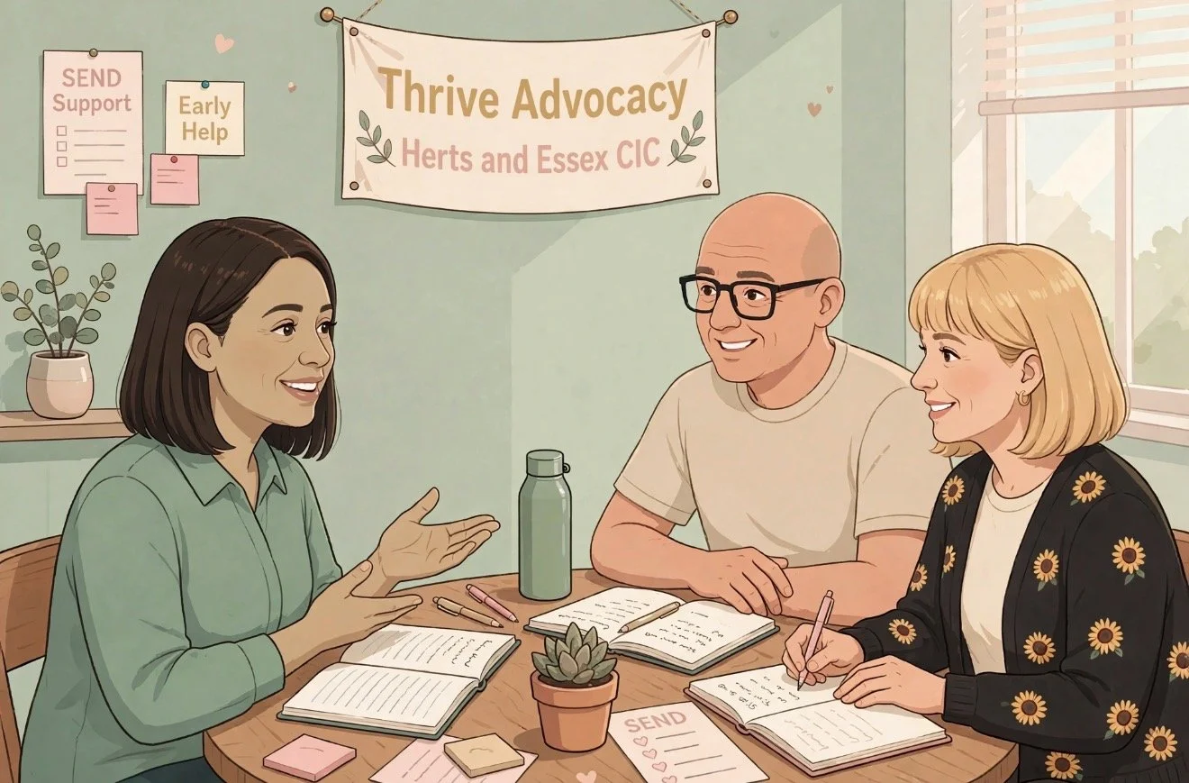 Three people sitting at a table in a room with a window, having a discussion. Two women and one man, with notebooks, pens, a water bottle, and a small potted plant on the table. A banner on the wall reads 'Thrive Advocacy,' with smaller text beneath. There are also support and help notices on the wall.
