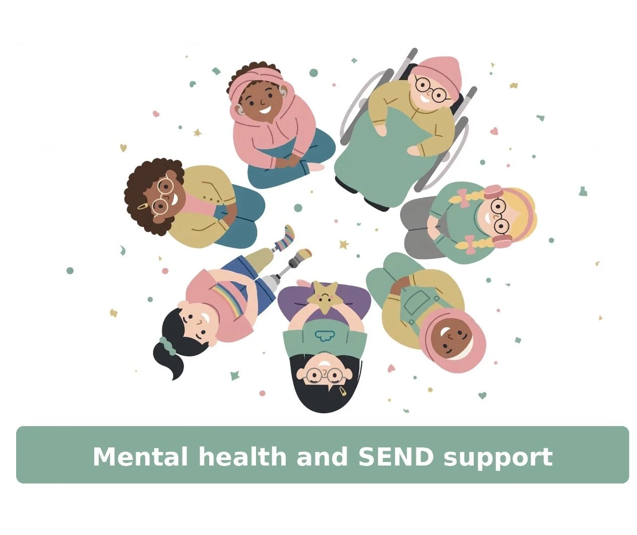 Illustration of diverse children with different abilities and backgrounds lying in a circle surrounded by colorful confetti, beneath a green banner with white text that reads 'Mental health and SEND support.'