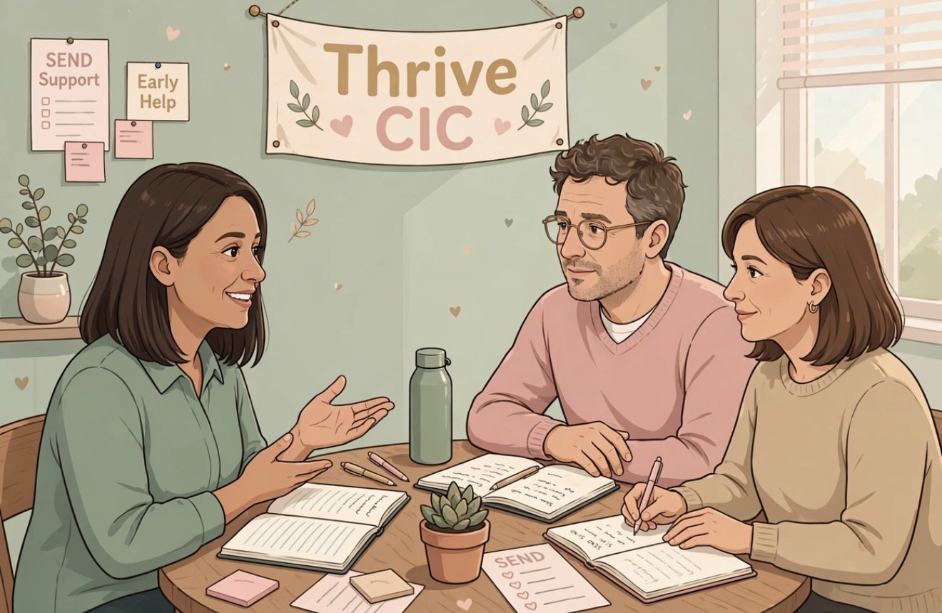 Three people sitting at a table talking during a support group meeting named 'Thrive CIC'. There are notebooks, pens, sticky notes, a water bottle, and a small potted plant on the table. A bulletin board with support-related notices is on the wall behind them, and a banner with the group's name hangs above. One woman is speaking, and the others are listening.
