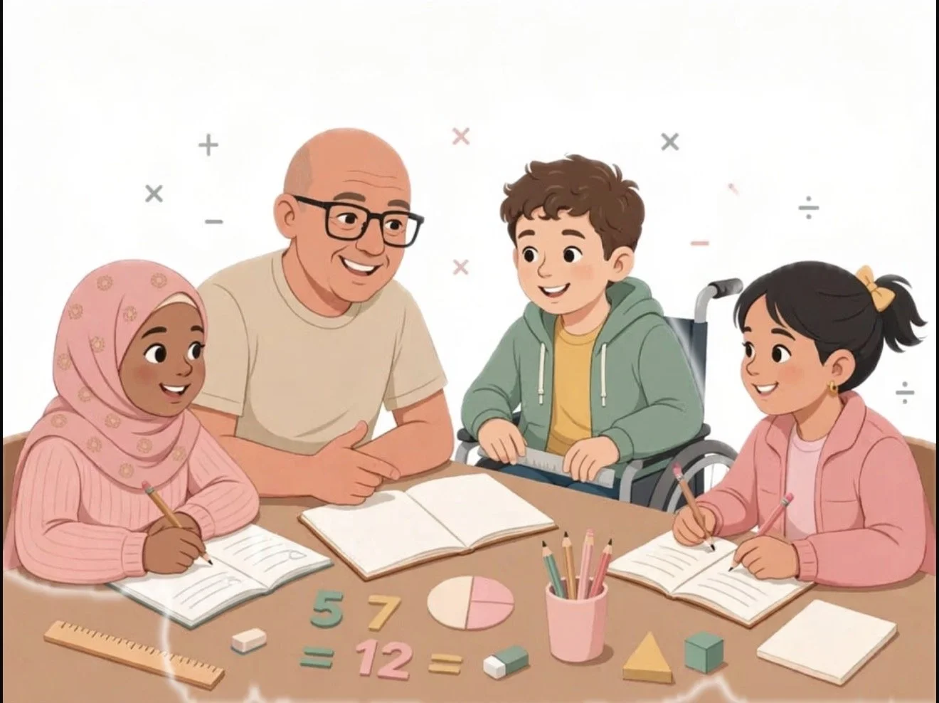 Educator engaging with three students during a learning activity at a table with notebooks, pencils, colorful educational toys, and math symbols.