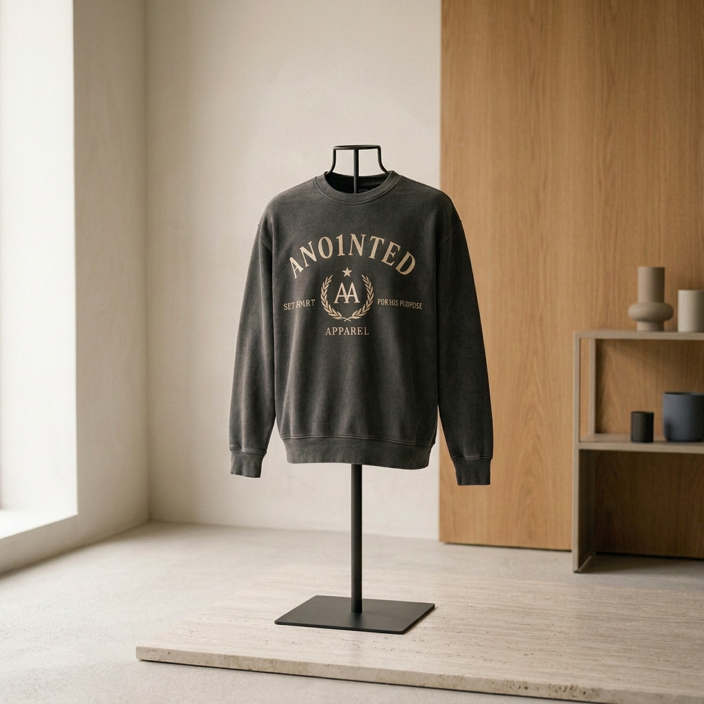 A black sweatshirt with white graphic text and design on a display stand in a minimalistic room.