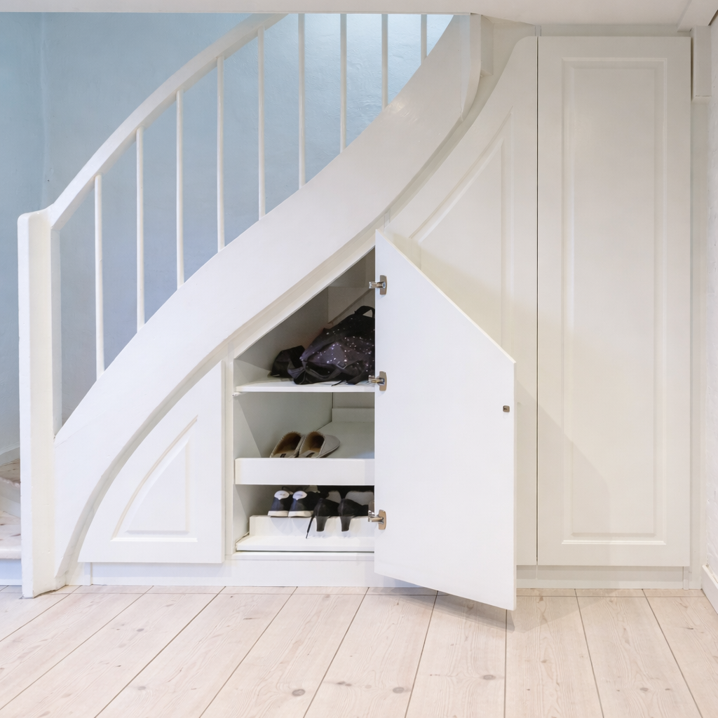 A white built-in under-stair storage cabinet with open doors, containing shoes and a black bag, next to a staircase with white railing.