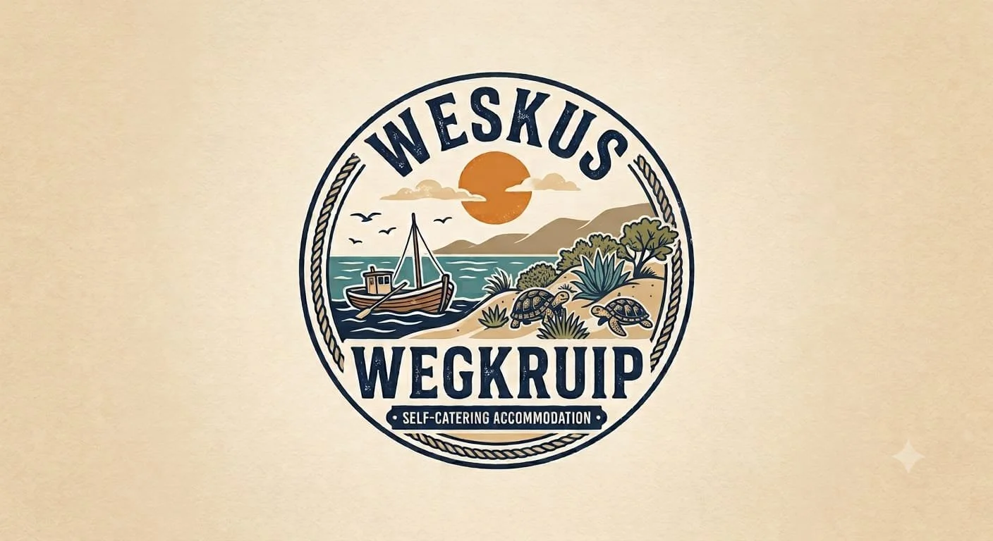 Logo for Weskus Wekruip with a coastal scene showing a boat, mountains, and sea turtles in a natural setting.