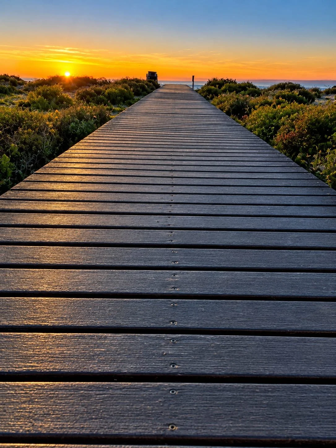 A wooden pathway leading towards the sunset over the ocean, with bushes on both sides.