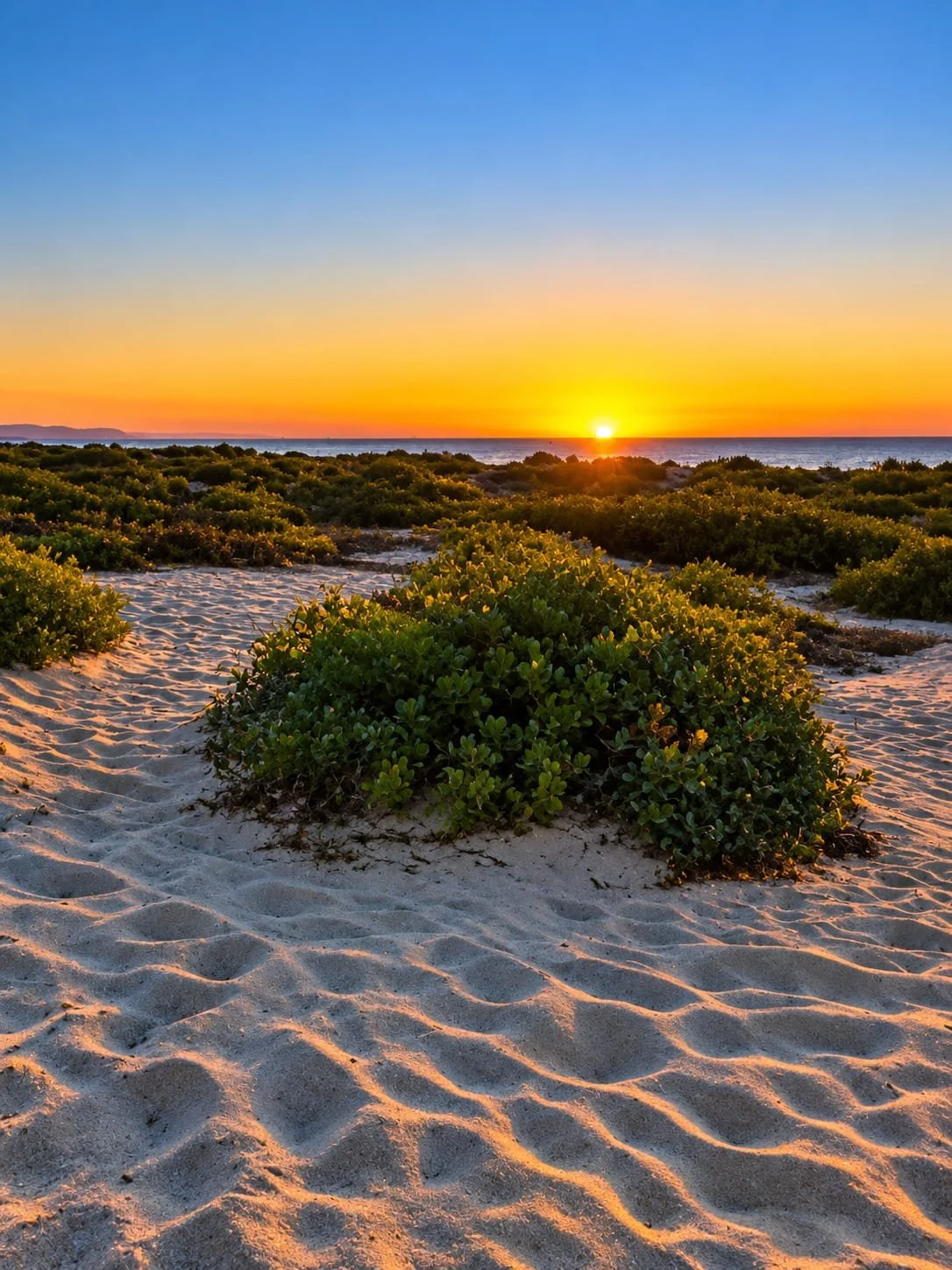 Sunset over a sandy beach with green bushes in the foreground and a blue sky.