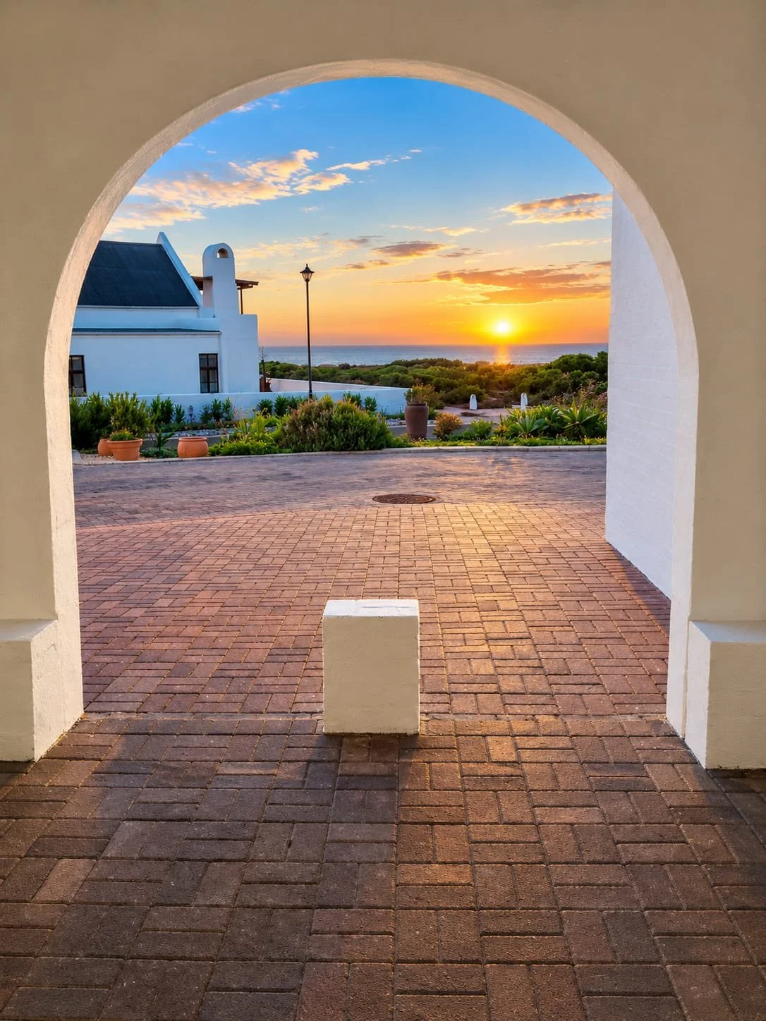 Sunset view seen through an arched entrance, with a white building, potted plants, and a brick-paved courtyard leading to a scenic coastal horizon.
