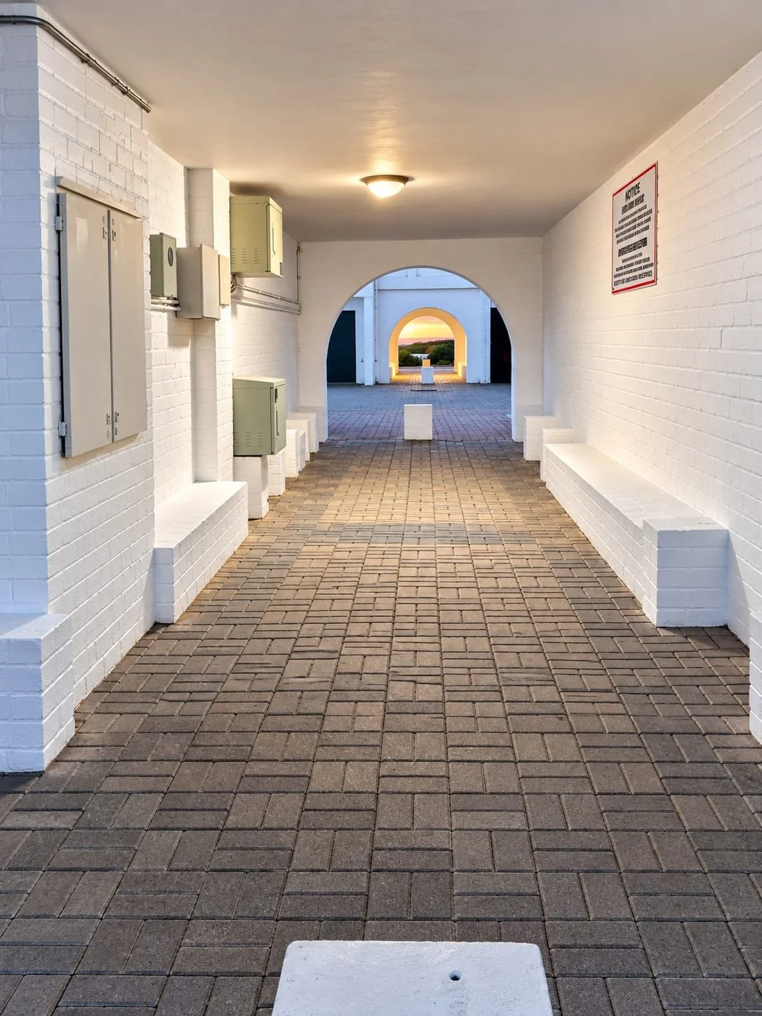 A covered walkway with white brick walls, brick flooring, surrounded by benches, with scenic sunset view through an arch at the end.