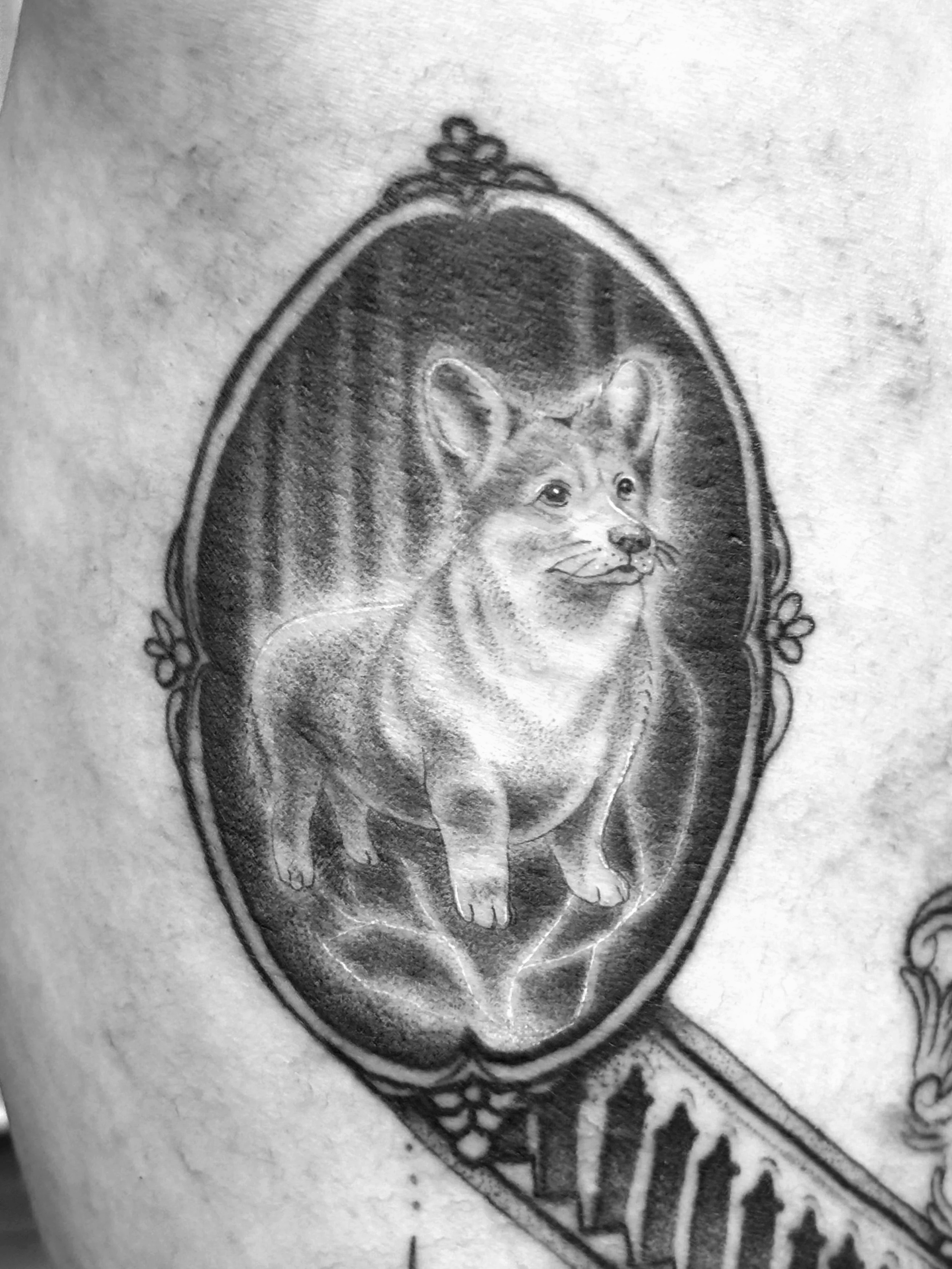 Schwarz-weiß-Tattoo eines Hundes in einem Rahmen.