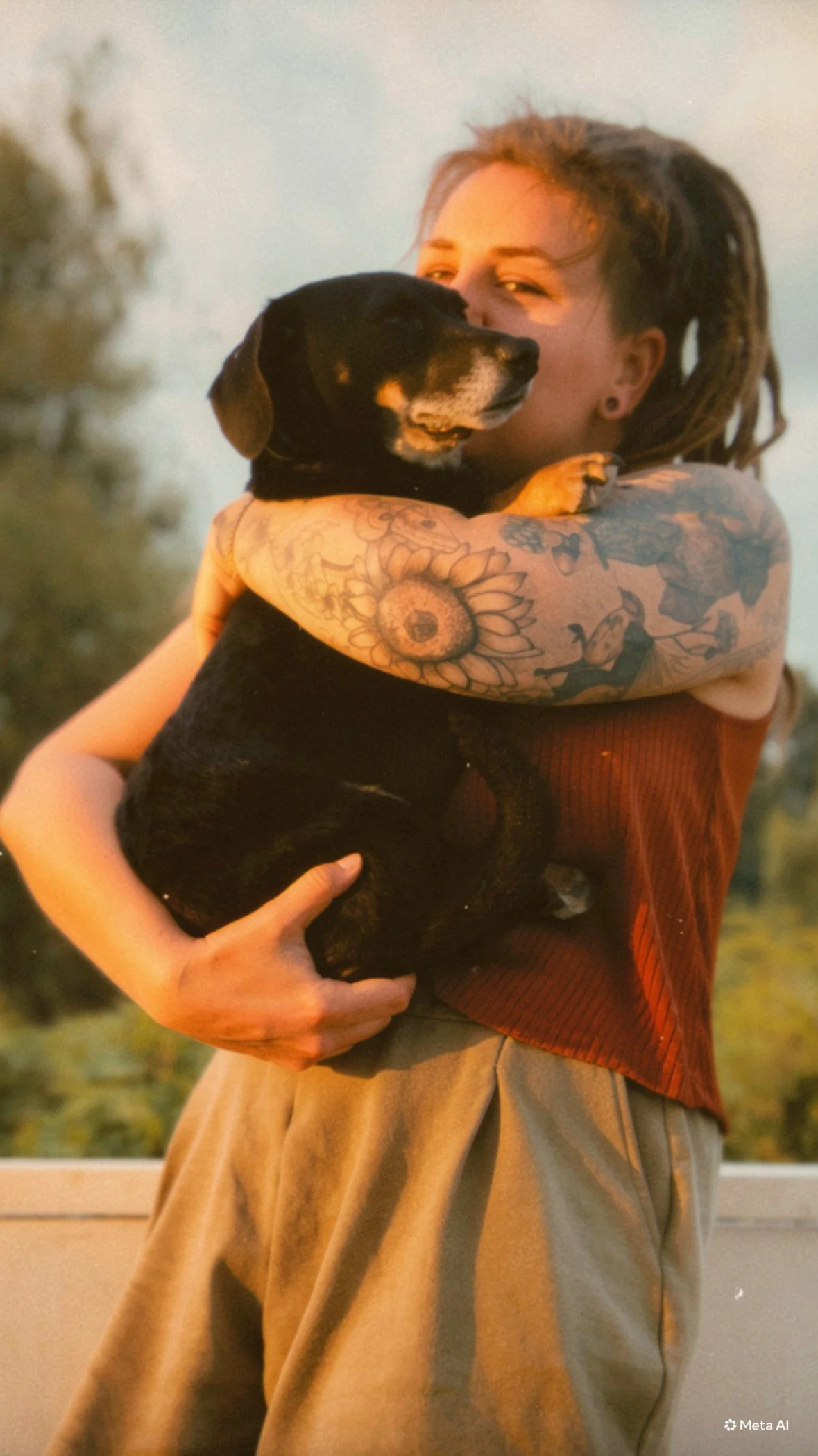 Eine Person mit Tattoos auf den Armen hält einen schwarzen Hund im Arm und umarmt ihn. Die Person trägt eine braune Weste und eine beige Hose, im Hintergrund ist eine grüne Naturkulisse bei Sonnenuntergang sichtbar.