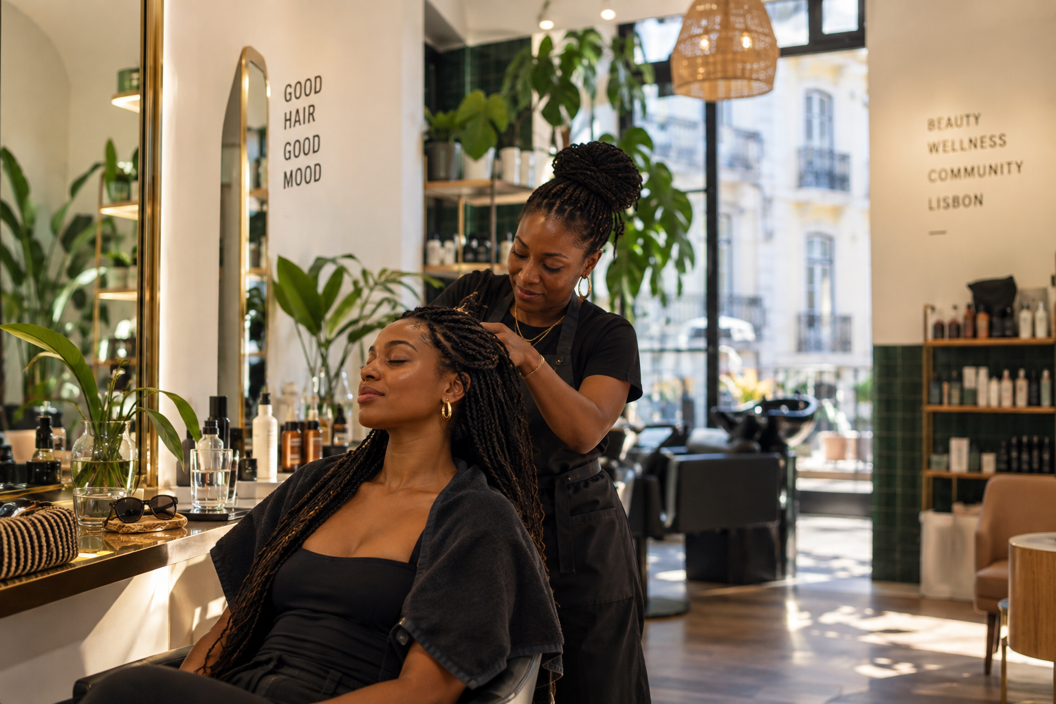 A woman getting her hair styled by a hairstylist inside a modern, well-lit salon with greenery and large windows.