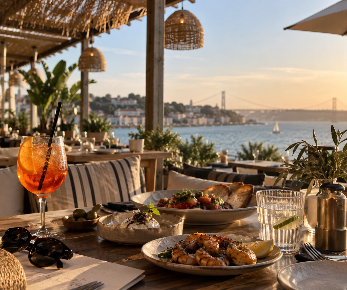 An outdoor dining table set with various dishes including shrimp, salad, bread, and drinks, overlooking a body of water with a bridge in the distance during sunset.