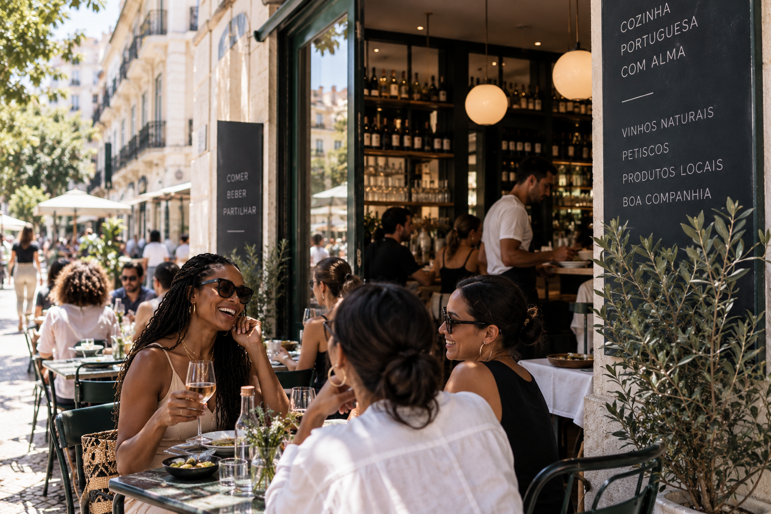 People dining outdoors at a Portuguese restaurant, smiling and talking, with wine glasses and food on the tables, under a sunny sky.