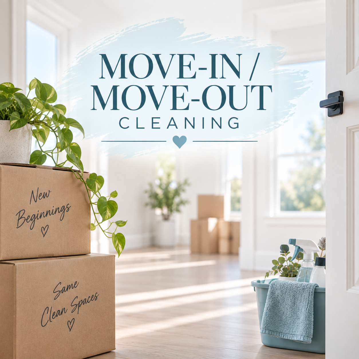 Moving-in and moving-out cleaning service sign on a glass door with boxes, plants, and cleaning supplies inside a bright, clean room.