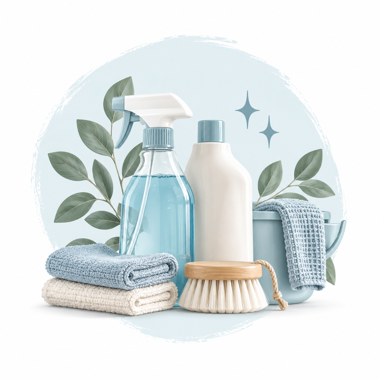 Cleaning supplies including spray bottle with blue liquid, white detergent bottle, scrub brush, folded blue and white towels, and a light blue bucket with a towel, surrounded by green leaves.