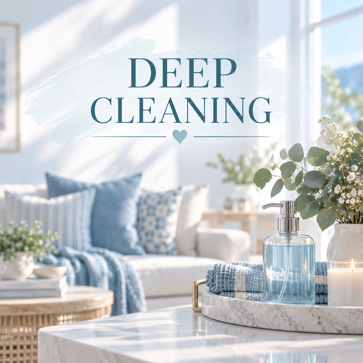 A cozy living room with blue and white decor, including pillows, blankets, plants, and a candle, with text overlay that reads "Deep Cleaning."