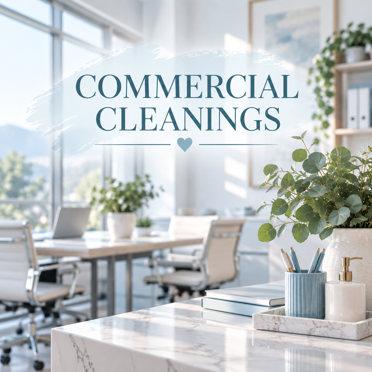 A modern, bright office with large windows, white chairs, plants, and cleaning supplies on a marble table. Overlaid text reads 'Commercial Cleanings' with a small heart.