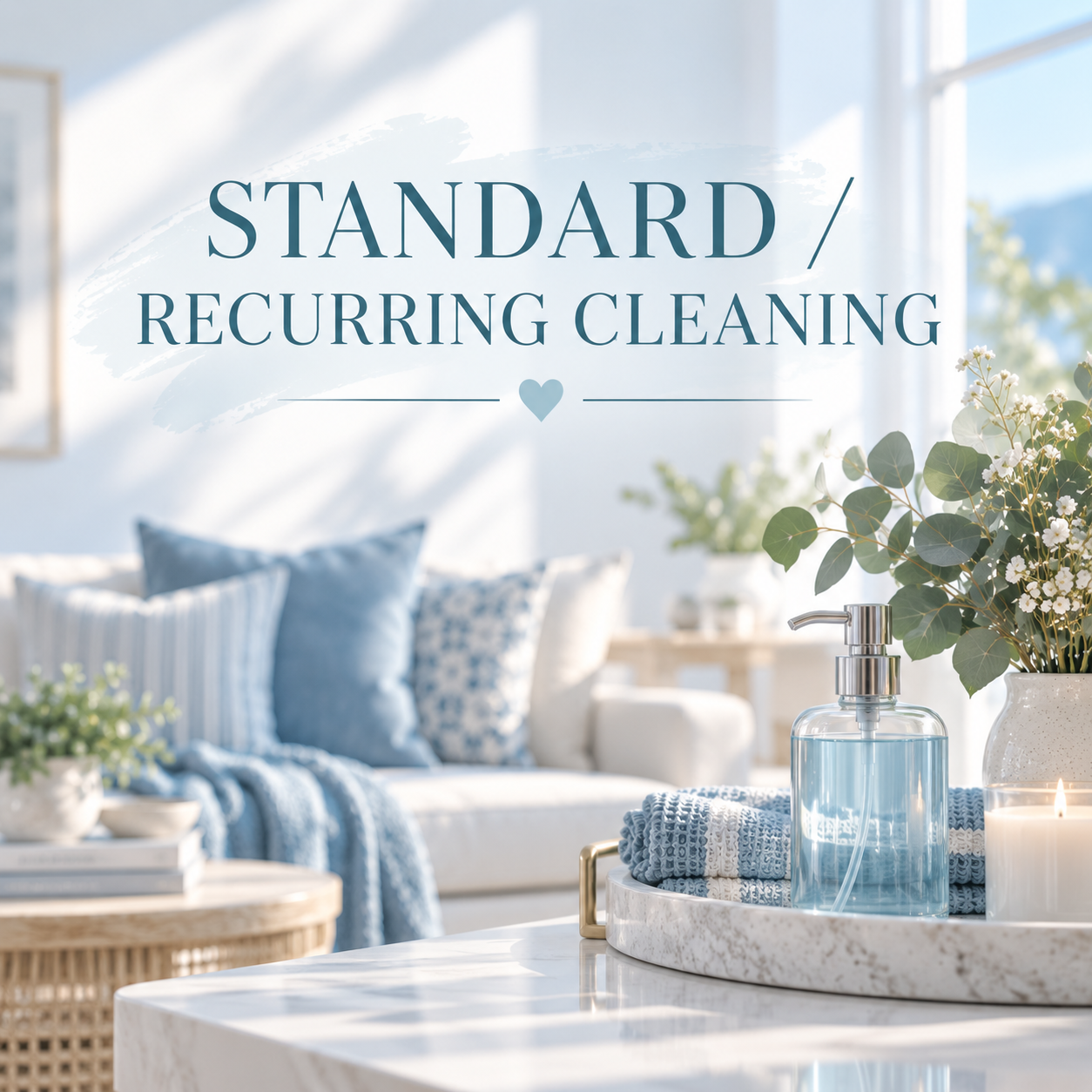 A bright living room with a sign that says 'Standard Recurring Cleaning' and a small heart, decorated with blue and white pillows, green plants, and a marble table with hand sanitizer, towels, a candle, and a vase of flowers.