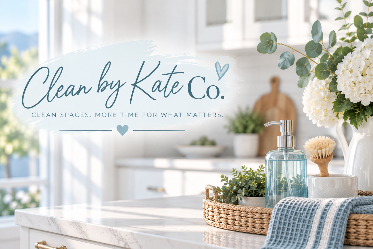 A bright, clean kitchen with a white marble countertop, green plants, a clear soap dispenser, a dish brush, and a blue-and-white dish towel. Overlaid text reads 'Clean by Kate Co. - Clean spaces. More time for what matters.'
