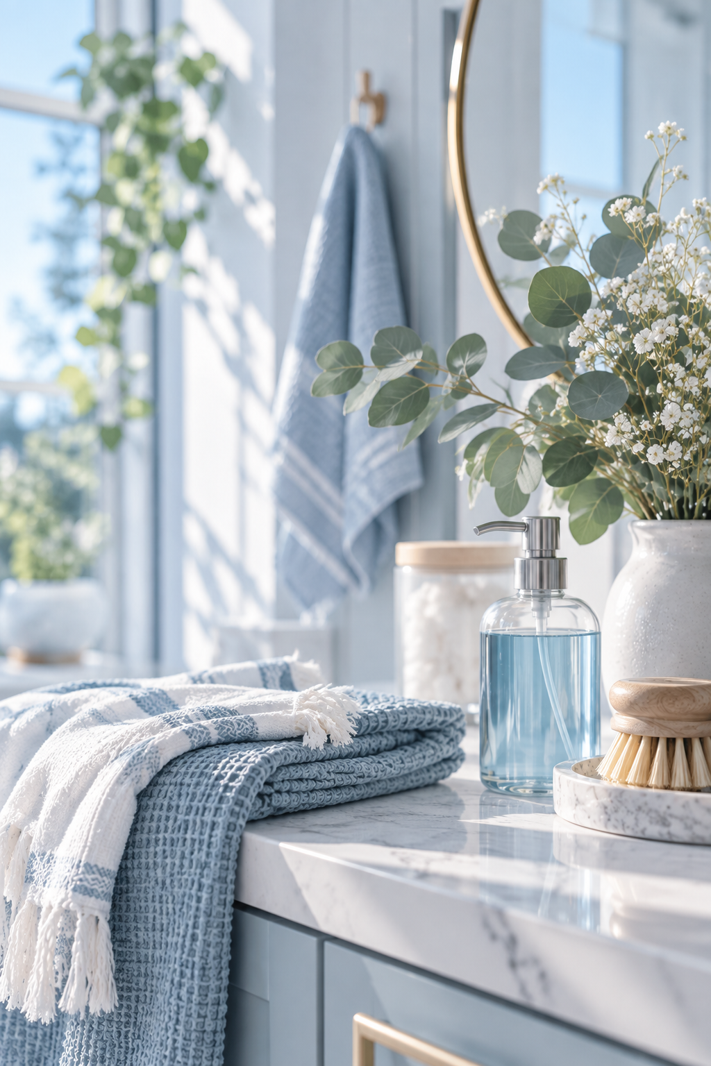 Bathroom countertop with a glass soap dispenser, a bar of soap with a brush, a vase with eucalyptus and white flowers, and a folded towel with a cloth on top, with a towel hanging on the wall.