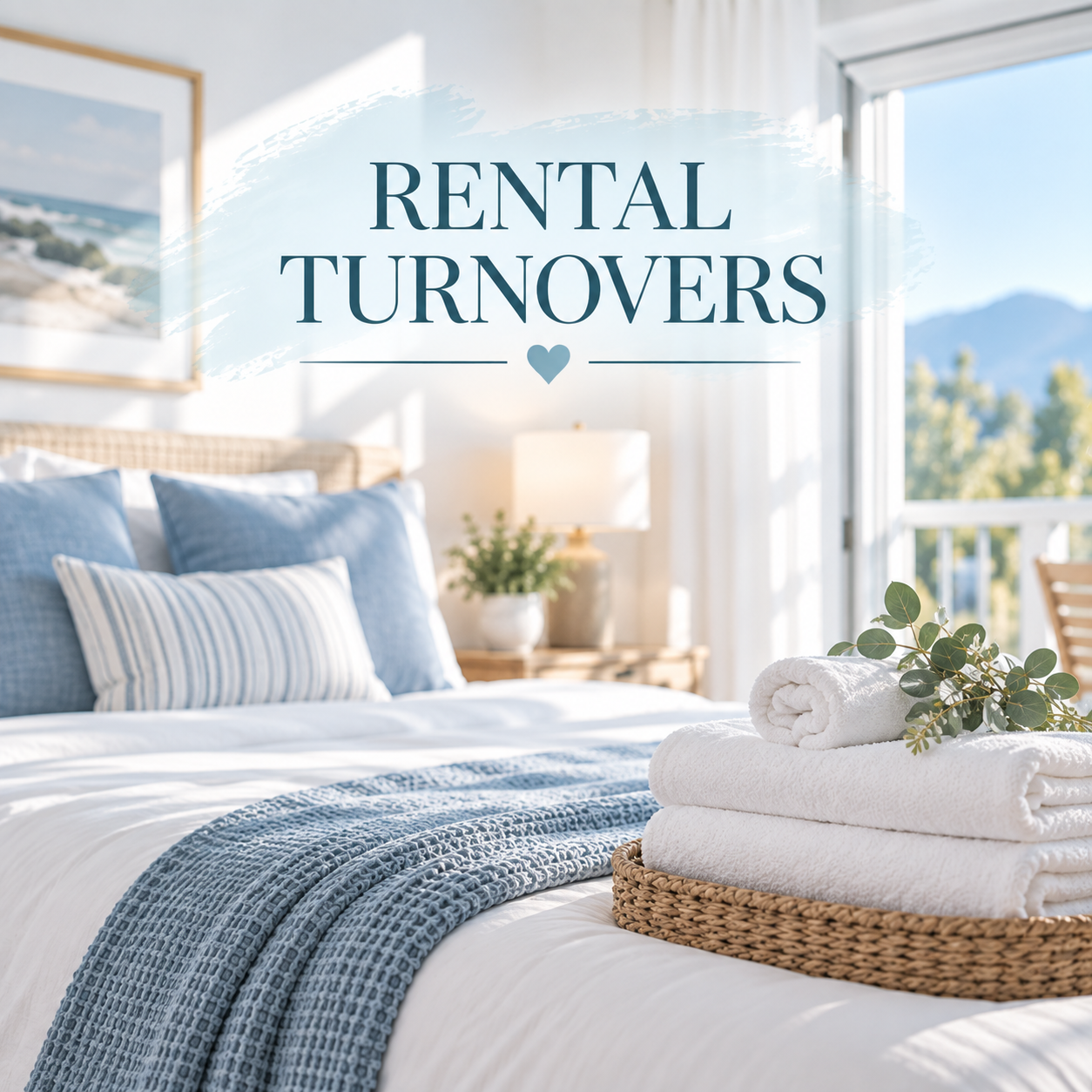 A cozy bedroom with a made bed featuring blue and white pillows, a blue and white blanket, and a tray with rolled white towels and green foliage. A nightstand with a lamp and a potted plant is next to the bed, and a large window shows a scenic outdoor view. Overlaid on the image is text that reads "RENTAL TURNOVERS" with a small heart icon below.