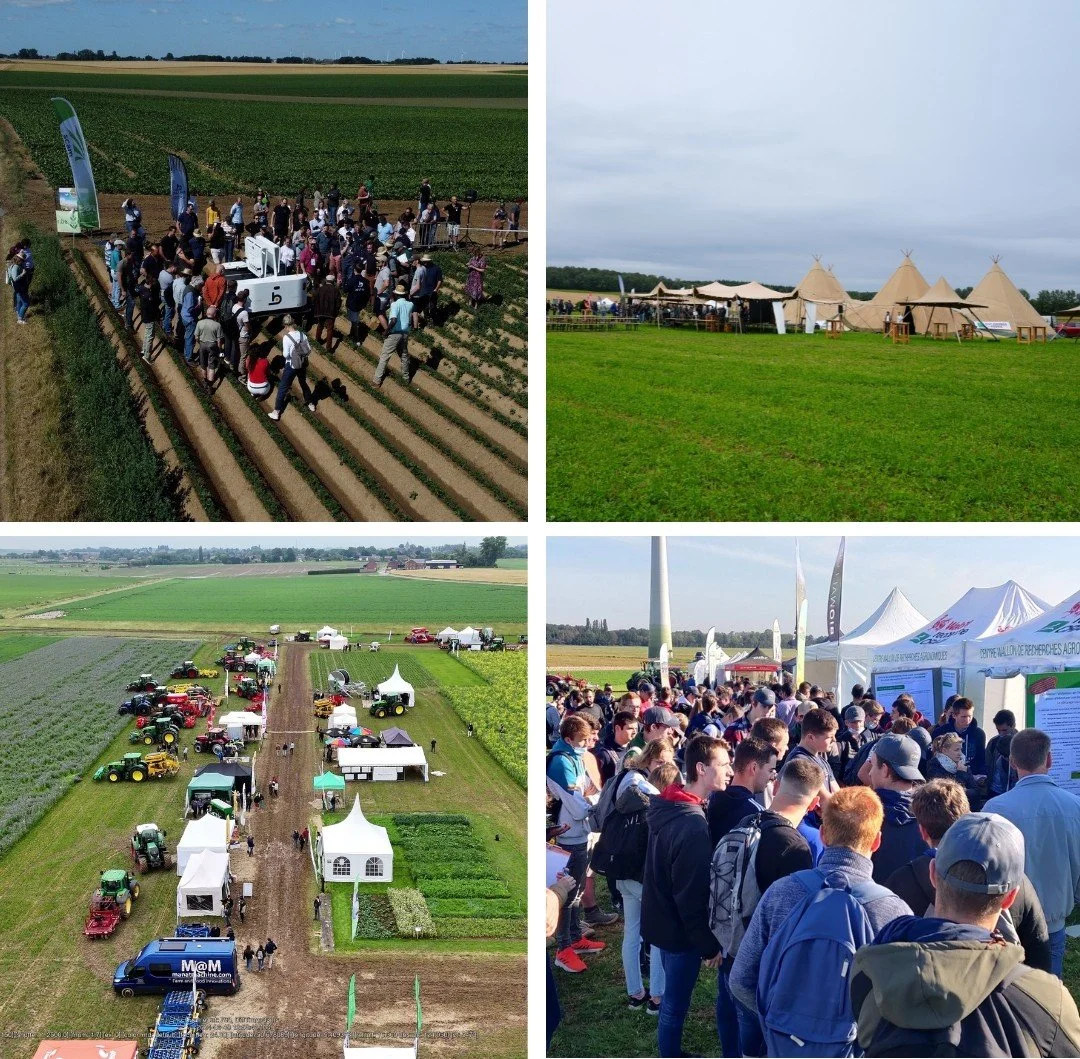 Cinq images d'un événement agricole en plein air avec des gens, des expositions de machines agricoles, des tentes et des structures typiques, et un grand nombre de visiteurs