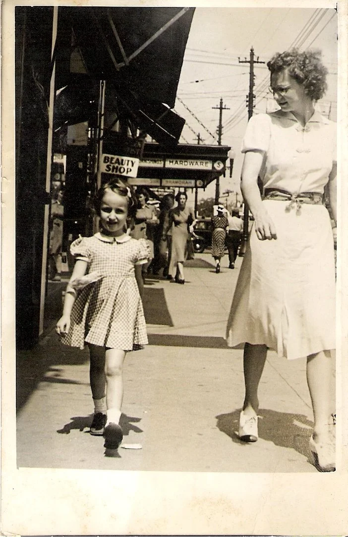 Choice walks down Main St with her aunt Harriet Cleveland circa 1939.
