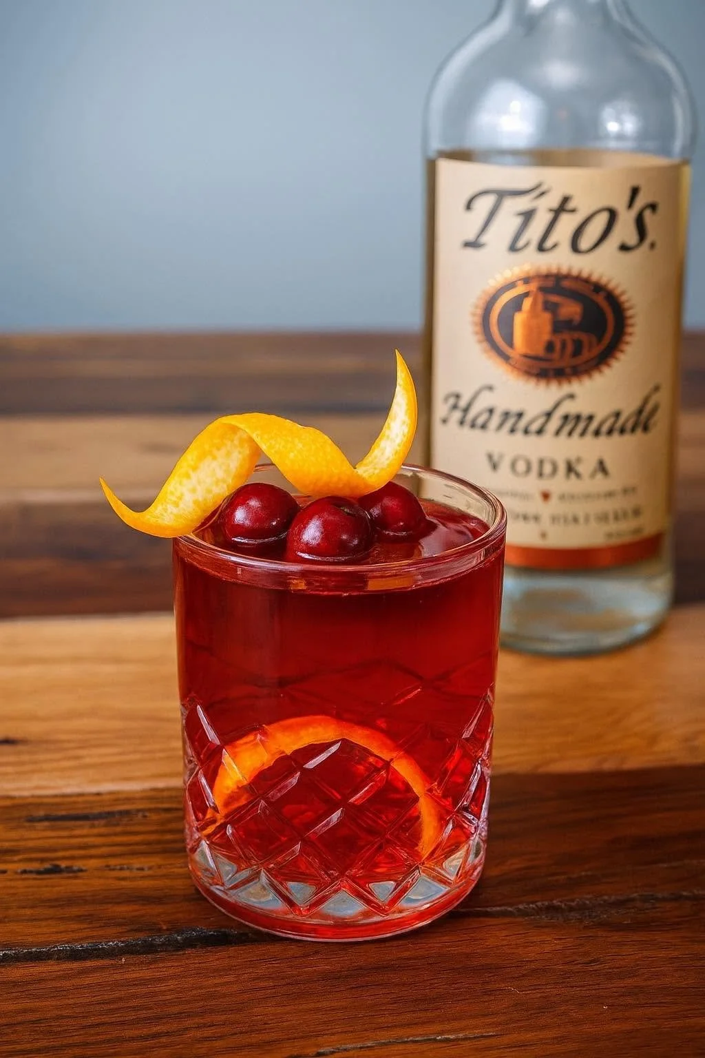 A red cocktail garnished with cherries and lemon peel placed on a wooden surface, with a bottle of Tito's handmade vodka in the background.