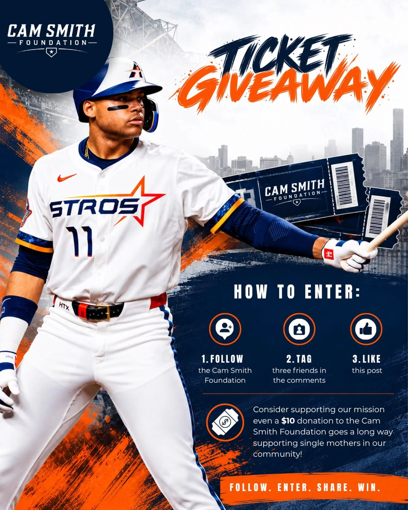 ⚾ PLAYOFF TICKET GIVEAWAY!

Want to cheer on @camsmith11 and the Astros at Daikin Park tomorrow? We&rsquo;re giving away TWO tickets!

HOW TO ENTER:

1. Follow @CamSmithFoundation
2. Tag three friends in the comments.
3. Like this post.

It&rsquo;s t