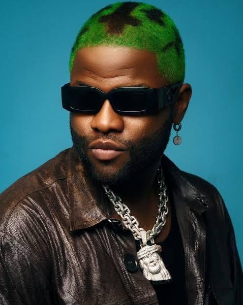 Man with green camouflage-patterned hair, wearing sunglasses, a single earring, a leather jacket, and a chunky chain necklace with a pendant, against a blue background.