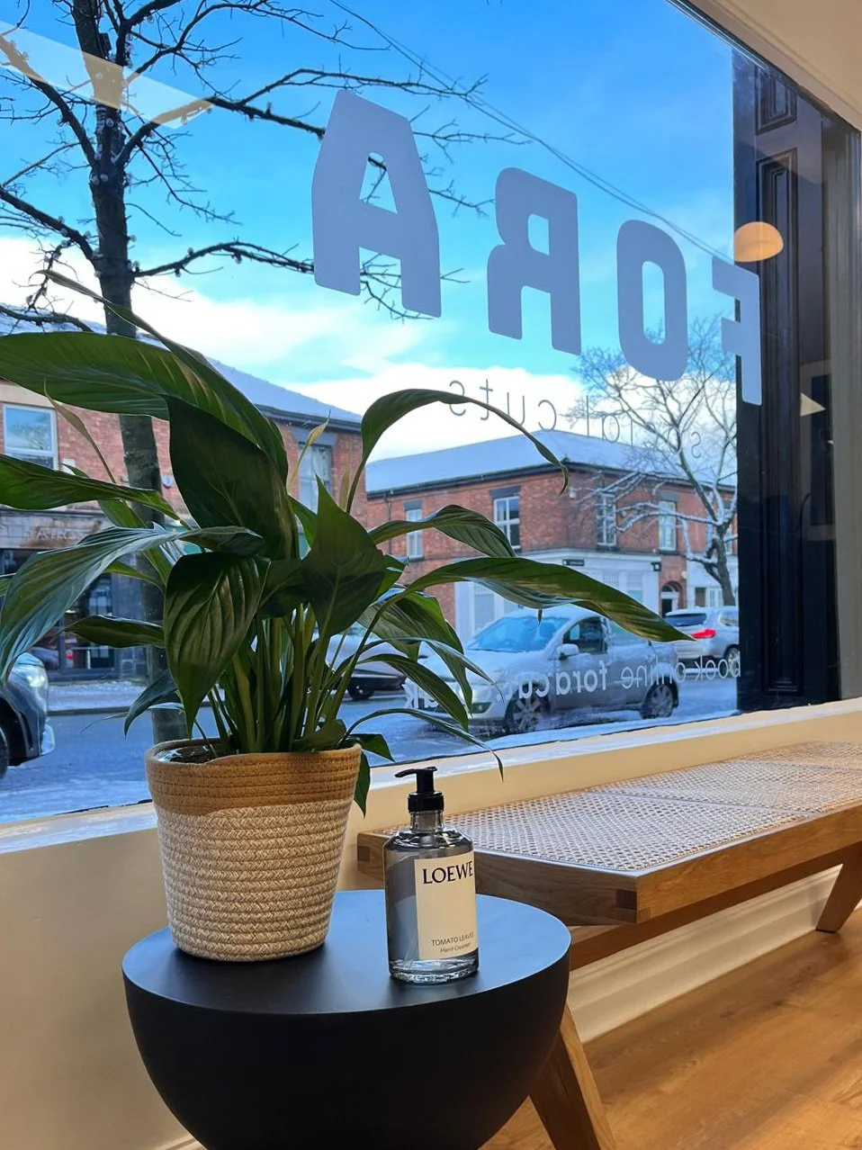 View through a window showing parked cars and brick buildings on a street. Inside, there is a potted plant on a small black round table and a bottle of LOEWE Tomate Leather hand soap.