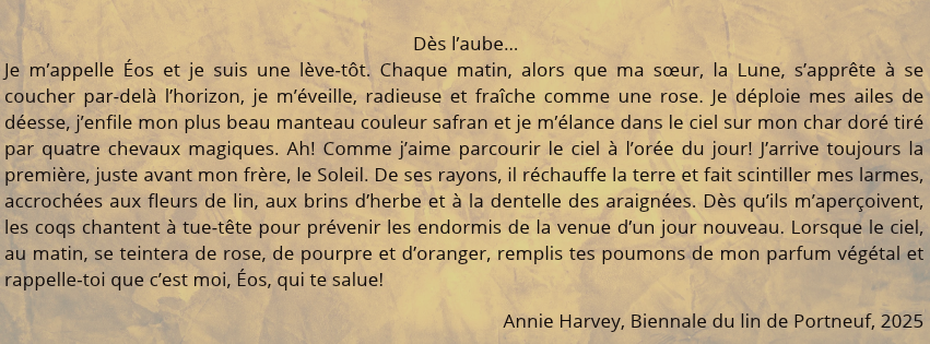 Texte accompagnant l'œuvre de Ruth Scheuing, réalisée sur un métier Jacquard, Biennale du lin de Portneuf, 2025