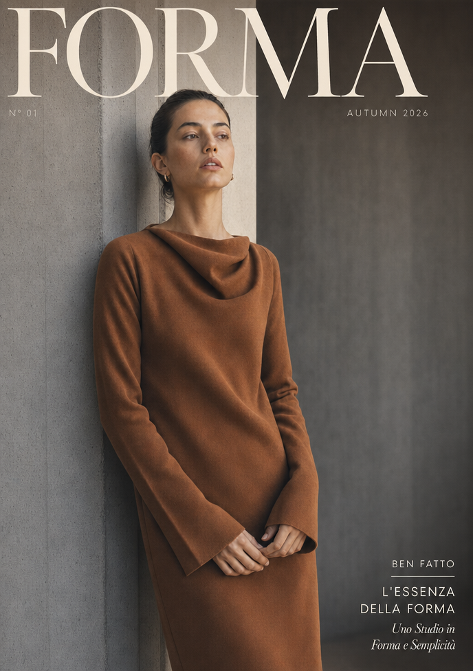 Una donna elegante che indossa un abito marrone, appoggiata ad un muro di cemento, con uno sfondo minimale e un testo in sovraimpressione 'FORMA' e altri dettagli.